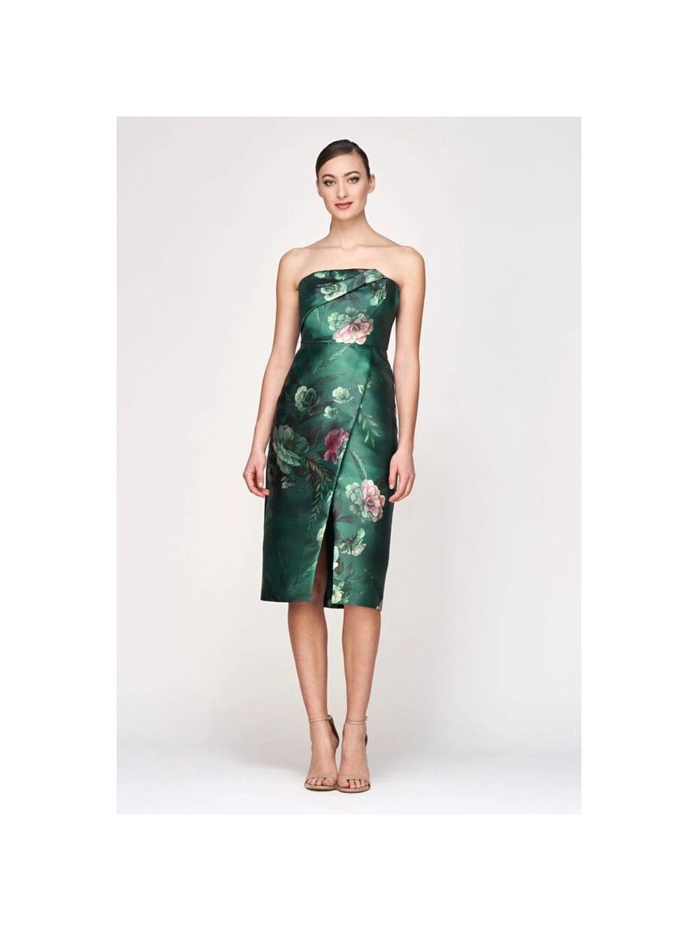 Kay Unger Floral Mikado Strapless Bodice Faux Wrap Front Slit Dress Size 6
